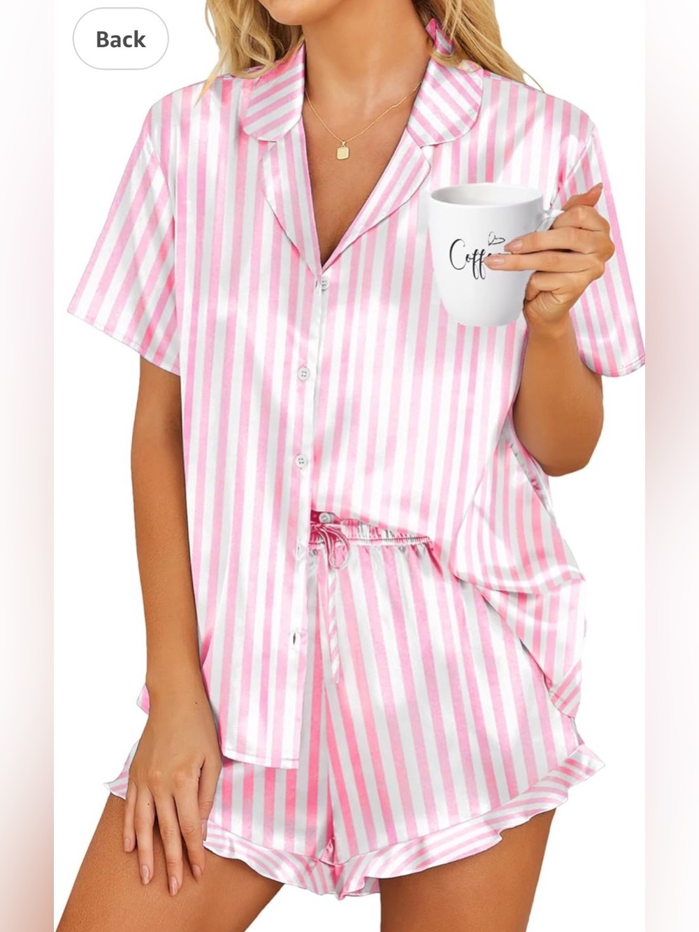 HOTOUCH Womens Striped Pink Satin Button Down 2 Piece Pajama set Ruffle Shorts